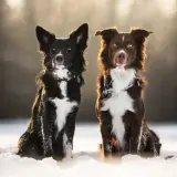 Dwa urocze psy rasy border collie, jakby miniaturka, siedzą w śniegu. Jeden czarny, drugi brązowy, z białymi znaczeniami.