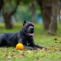 Potężny pies rasy cane corso leży na trawie obok pomarańczowej piłki, gotowy do zabawy w parku.