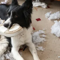 Pies rasy border collie z butem w pysku, otoczony kłębkami wypełnienia. Wygląda na to, że lęk separacyjny u psa doprowadził do zniszczenia poduszki.