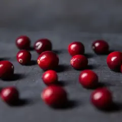 Kilka czerwonych żurawin rozsypanych na ciemnym tle. Czy pies może jeść żurawinę? Tak, ale w małych ilościach.