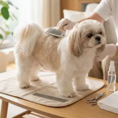 Uroczy shih tzu szczeniak 6 tygodni, czesany przez opiekuna. Na stole leżą akcesoria do pielęgnacji.