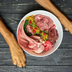 Pies może jeść wątróbkę. Na talerzu surowe mięso, podroby, warzywa i owoce, a obok łapy psa.