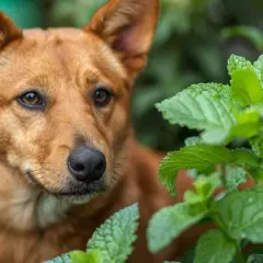 Rudy piesek z zaciekawieniem spogląda na miętę, zastanawiając się, czy pies może pić herbatę z takich ziół.