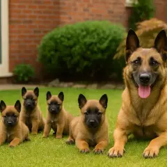 Szczęśliwy owczarek belgijski k9 z pięcioma szczeniętami leżącymi na trawie.