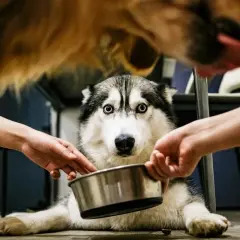 Husky z miską, dwie ręce podają jedzenie. Warto pamiętać o nifuroksazyd dla psa dawkowanie, by zadbać o jego zdrowie.
