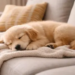 Uroczy szczeniak golden retriever śpi na kanapie, zwinięty w kłębek. Może mu się śni, że pies szczeka przez sen, bo jego łapka lekko drży.