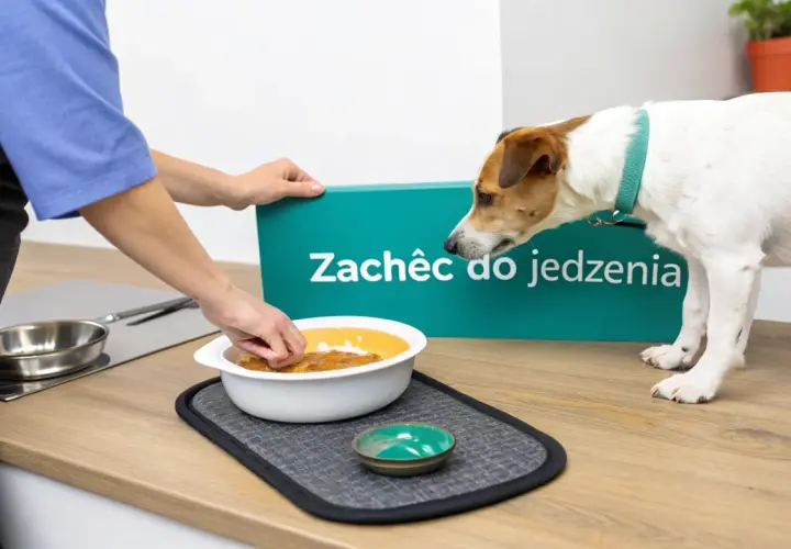 Pies nie chce jeść z miski, mimo zachęty. Właścicielka próbuje go nakłonić do jedzenia.