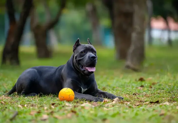 Potężny pies rasy cane corso leży na trawie obok pomarańczowej piłki, gotowy do zabawy w parku.