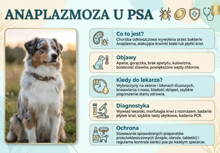 Anaplazmoza u psa: objawy, diagnostyka i ochrona przed chorobą przenoszoną przez kleszcze. Zdjęcie przedstawia psa rasy Australian Shepherd.
