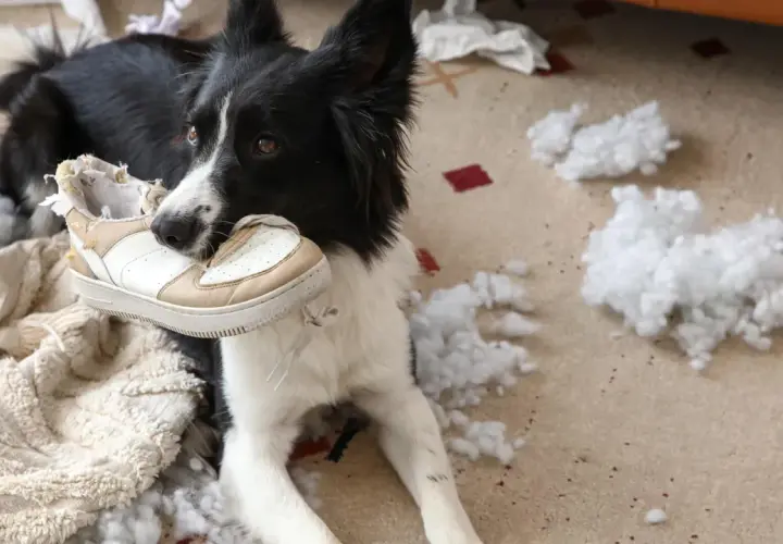 Pies rasy border collie z butem w pysku, otoczony kłębkami wypełnienia. Wygląda na to, że lęk separacyjny u psa doprowadził do zniszczenia poduszki.