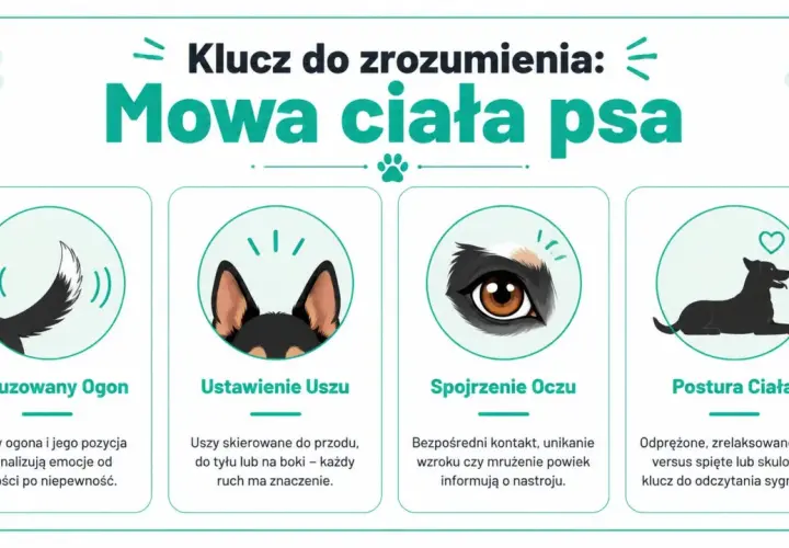 Klucz do zrozumienia: mowa ciała psa. Ilustracje pokazują ogon, uszy, oczy i postawę psa, które sygnalizują jego emocje.