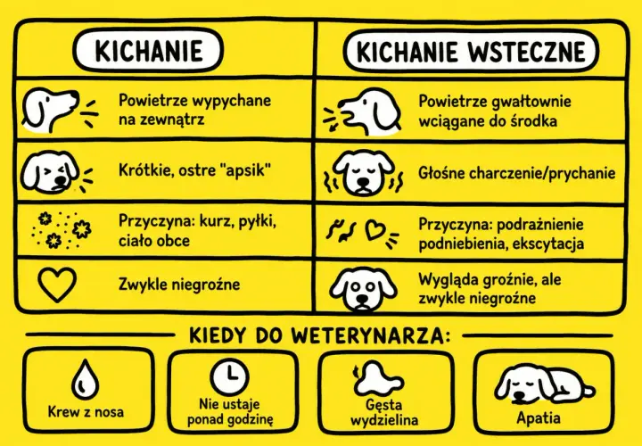 Kichanie u psa: normalne vs. wsteczne. Opis objawów, przyczyn i kiedy wizyta u weterynarza jest konieczna.