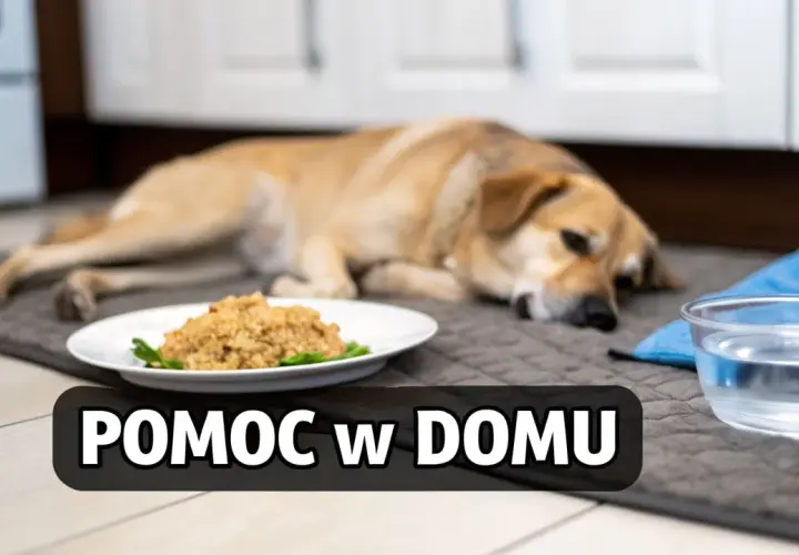Chory piesek leży obok miski z wodą i jedzeniem. Może to być objaw wymiotów u szczeniaka.