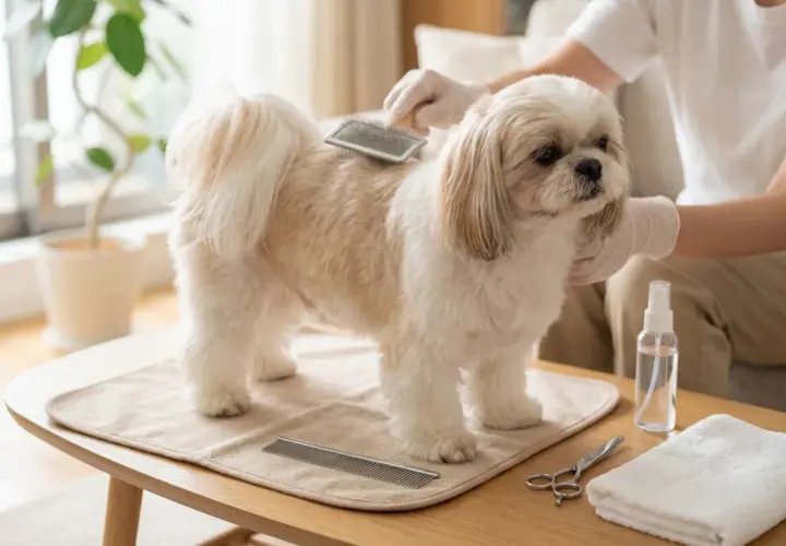Uroczy shih tzu szczeniak 6 tygodni, czesany przez opiekuna. Na stole leżą akcesoria do pielęgnacji.