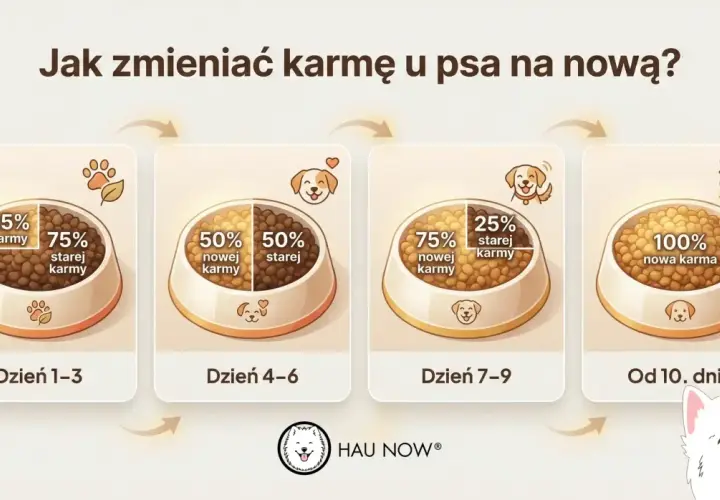 Grafika pokazuje etapy zmiany karmy u psa: od 25% nowej karmy przez 50/50 do 100% nowej karmy.