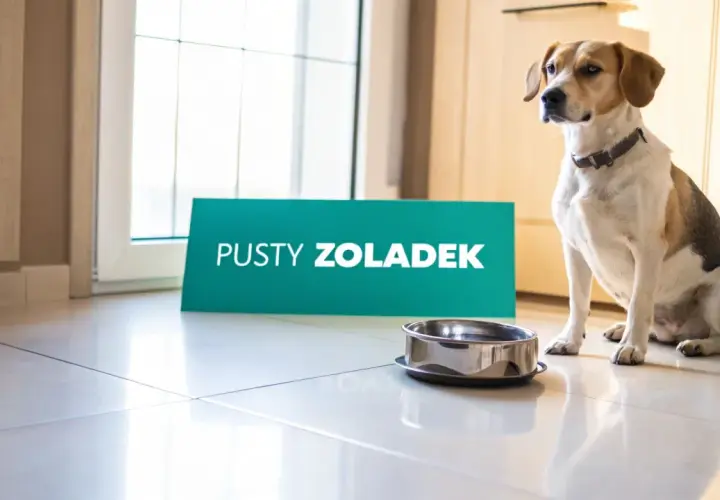 Pies siedzi obok pustej miski, a obok niego stoi tabliczka "PUSTY ŻOŁĄDEK".