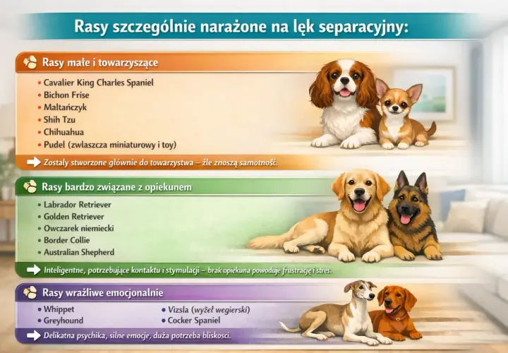Psy z lękiem separacyjnym: małe, towarzyskie, związane z opiekunem i wrażliwe emocjonalnie. Pieski na zdjęciu mogą odczuwać atak paniki, gdy zostają same.