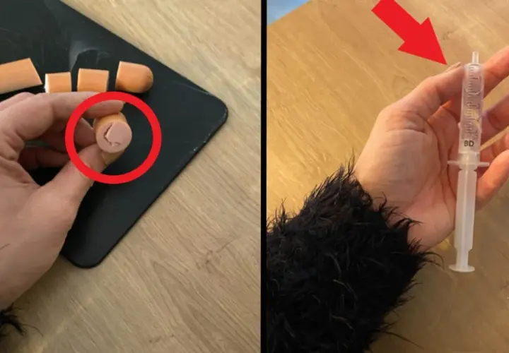 Jak podać psu tabletkę? Pokrojona parówka z wgłębieniem na lek i strzykawka bez igły.