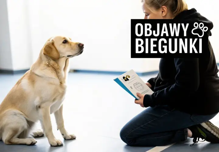 Labrador siedzi przed kobietą czytającą o objawach biegunki u psa. Może szuka informacji o loperamidzie dla psa.