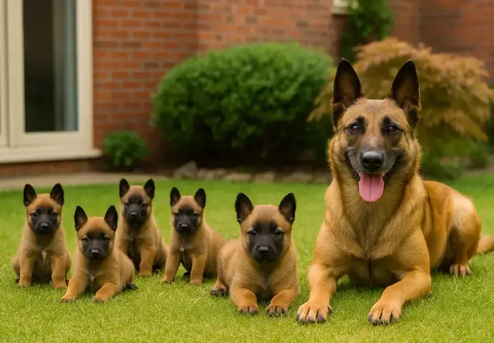 Szczęśliwy owczarek belgijski k9 z pięcioma szczeniętami leżącymi na trawie.