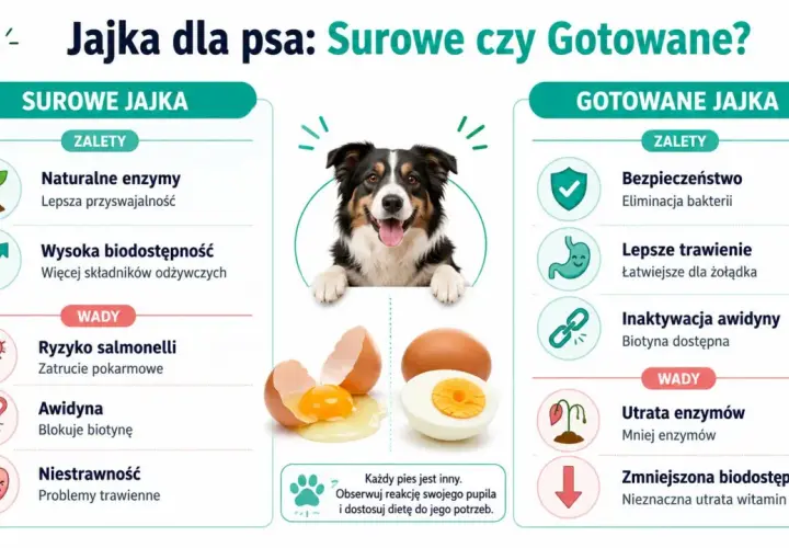 Czy pies może jeść jajko? Grafika porównuje surowe i gotowane jajka dla psów, pokazując ich zalety i wady.