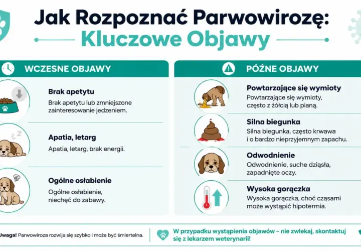 Objawy parwowirozy u szczeniaka: brak apetytu, apatia, wymioty, biegunka, odwodnienie, gorączka. Szybka reakcja jest kluczowa.