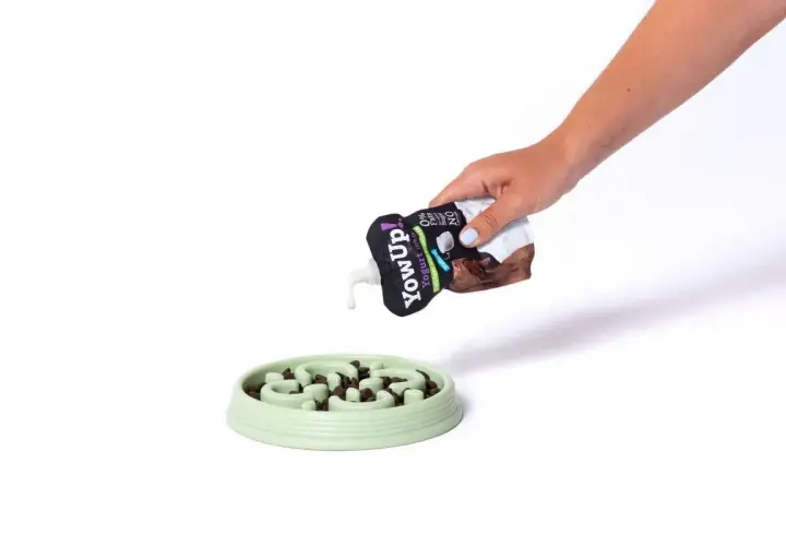 Ręka wylewa jogurt z tubki na miskę z jedzeniem dla psa. Czy pies może jeść jogurt naturalny? Tak, jeśli jest to specjalny jogurt dla zwierząt.