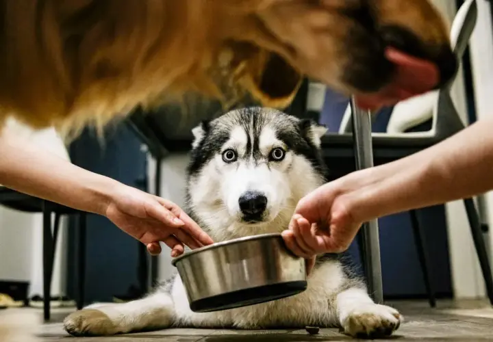 Husky z miską, dwie ręce podają jedzenie. Warto pamiętać o nifuroksazyd dla psa dawkowanie, by zadbać o jego zdrowie.