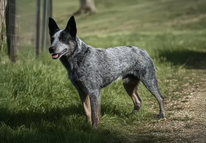 Australian stumpy tail cattle dog stoi na trawie, gotów do pracy.