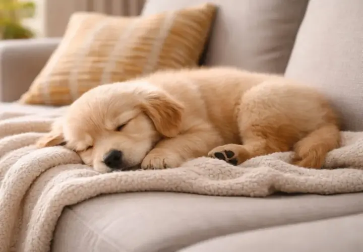 Uroczy szczeniak golden retriever śpi na kanapie, zwinięty w kłębek. Może mu się śni, że pies szczeka przez sen, bo jego łapka lekko drży.