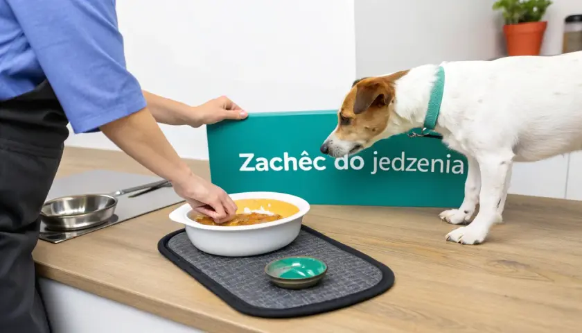 Pies nie chce jeść z miski, mimo zachęty. Właścicielka próbuje go nakłonić do jedzenia.