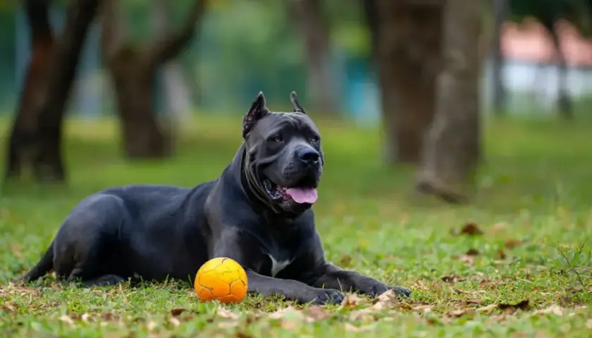 Potężny pies rasy cane corso leży na trawie obok pomarańczowej piłki, gotowy do zabawy w parku.