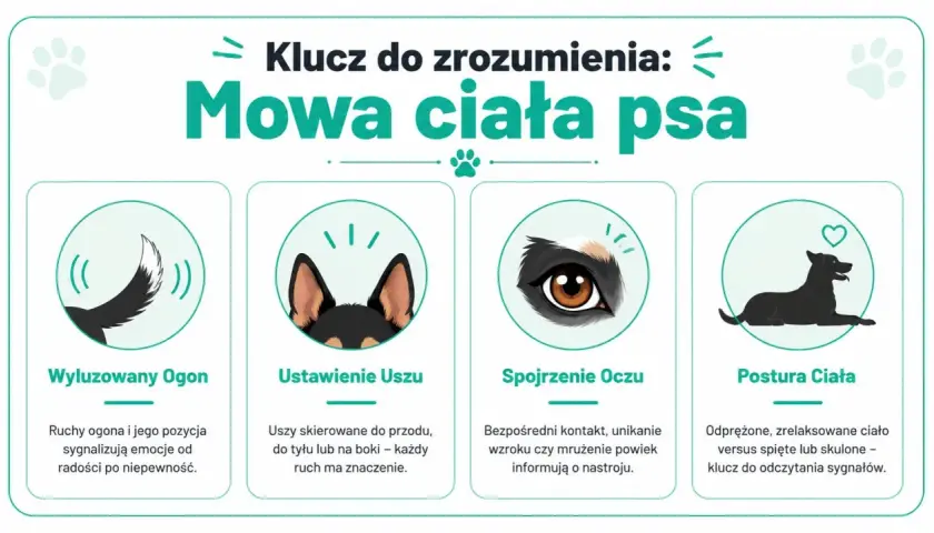 Klucz do zrozumienia: mowa ciała psa. Ilustracje pokazują ogon, uszy, oczy i postawę psa, które sygnalizują jego emocje.