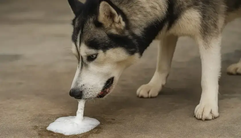 Siberian husky z pianą w pysku, objaw zapalenia żołądka u psa.