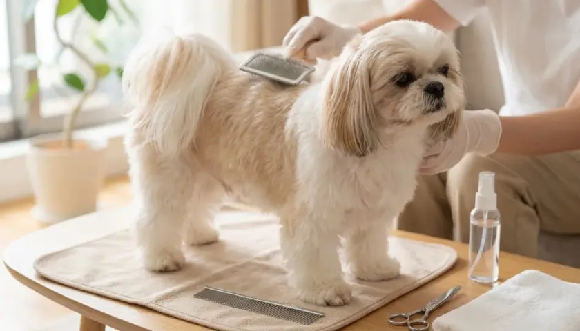 Uroczy shih tzu szczeniak 6 tygodni, czesany przez opiekuna. Na stole leżą akcesoria do pielęgnacji.