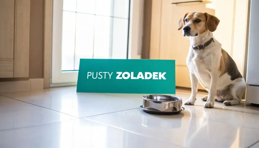 Pies siedzi obok pustej miski, a obok niego stoi tabliczka "PUSTY ŻOŁĄDEK".