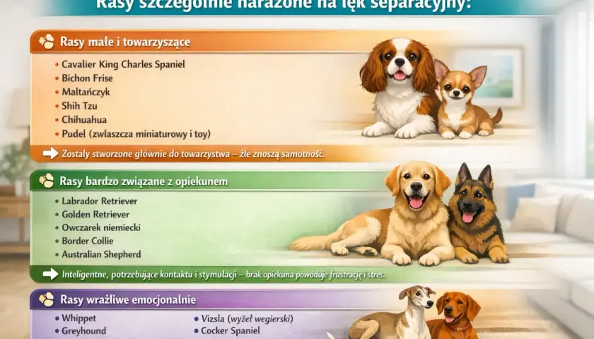 Psy z lękiem separacyjnym: małe, towarzyskie, związane z opiekunem i wrażliwe emocjonalnie. Pieski na zdjęciu mogą odczuwać atak paniki, gdy zostają same.
