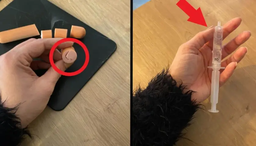 Jak podać psu tabletkę? Pokrojona parówka z wgłębieniem na lek i strzykawka bez igły.