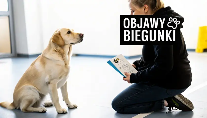 Labrador siedzi przed kobietą czytającą o objawach biegunki u psa. Może szuka informacji o loperamidzie dla psa.