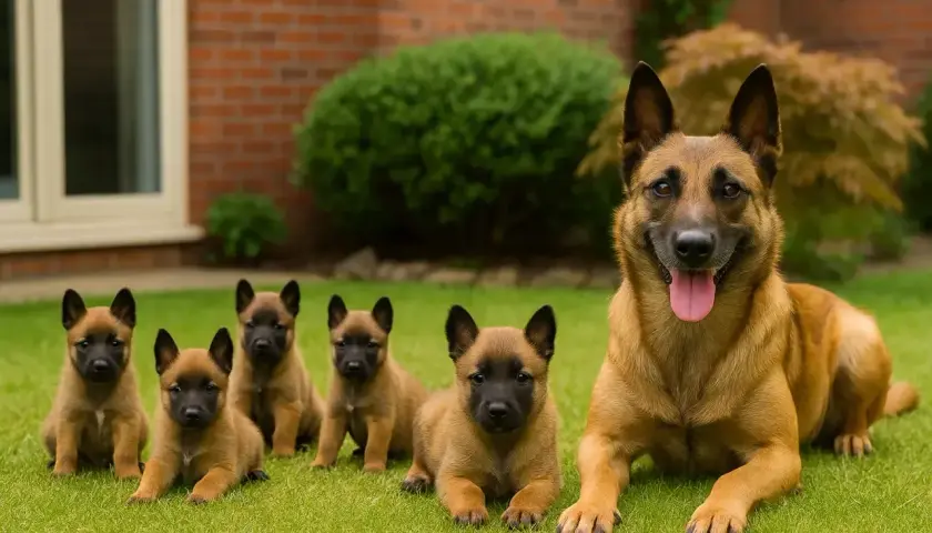 Szczęśliwy owczarek belgijski k9 z pięcioma szczeniętami leżącymi na trawie.
