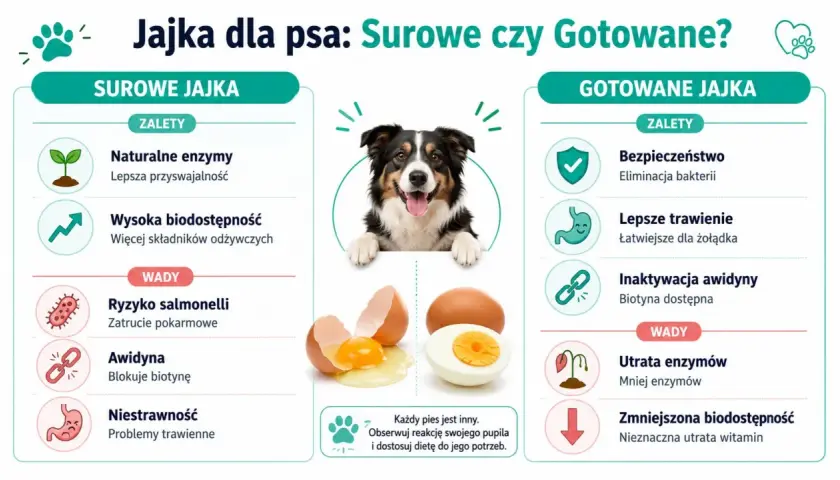 Czy pies może jeść jajko? Grafika porównuje surowe i gotowane jajka dla psów, pokazując ich zalety i wady.