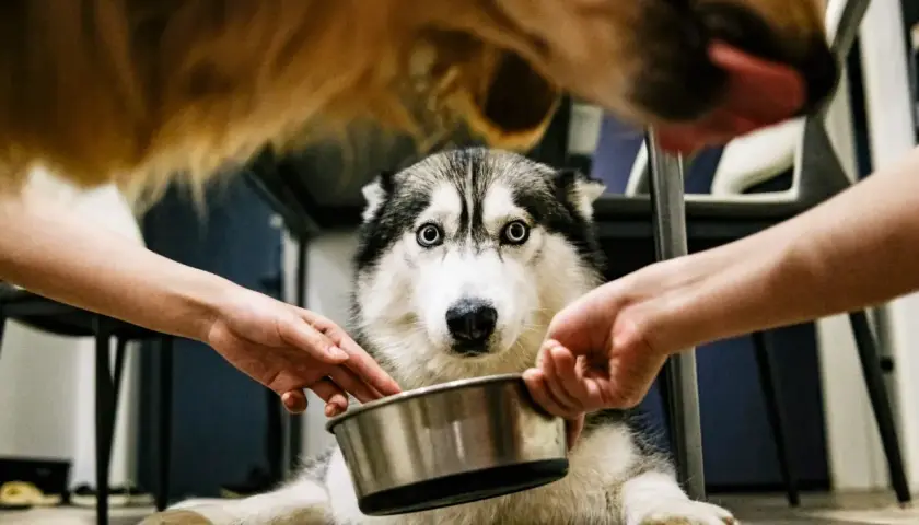Husky z miską, dwie ręce podają jedzenie. Warto pamiętać o nifuroksazyd dla psa dawkowanie, by zadbać o jego zdrowie.