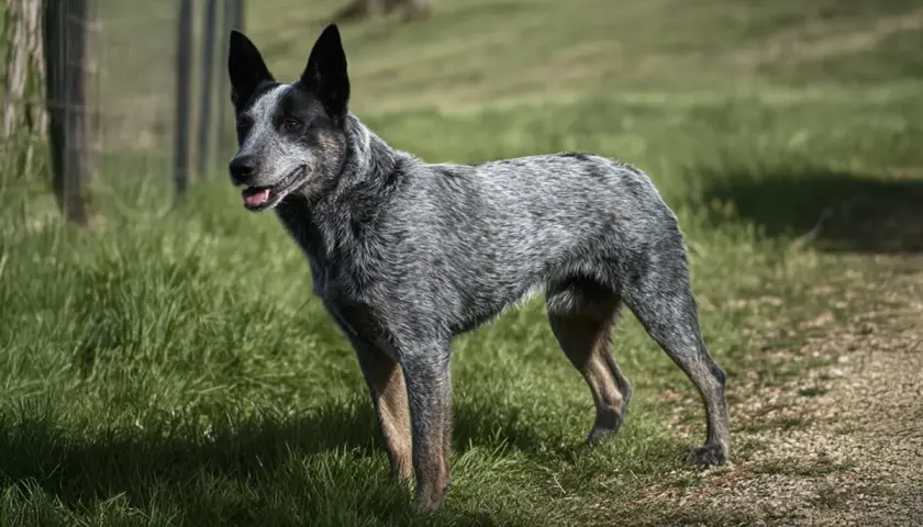 Australian stumpy tail cattle dog stoi na trawie, gotów do pracy.