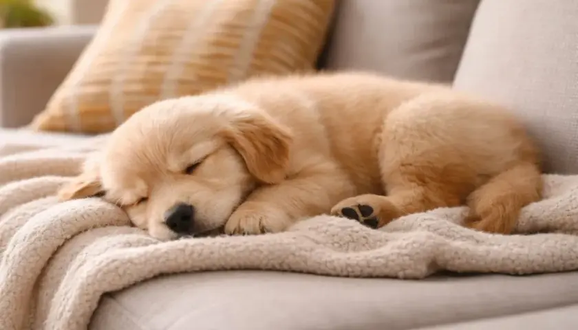 Uroczy szczeniak golden retriever śpi na kanapie, zwinięty w kłębek. Może mu się śni, że pies szczeka przez sen, bo jego łapka lekko drży.