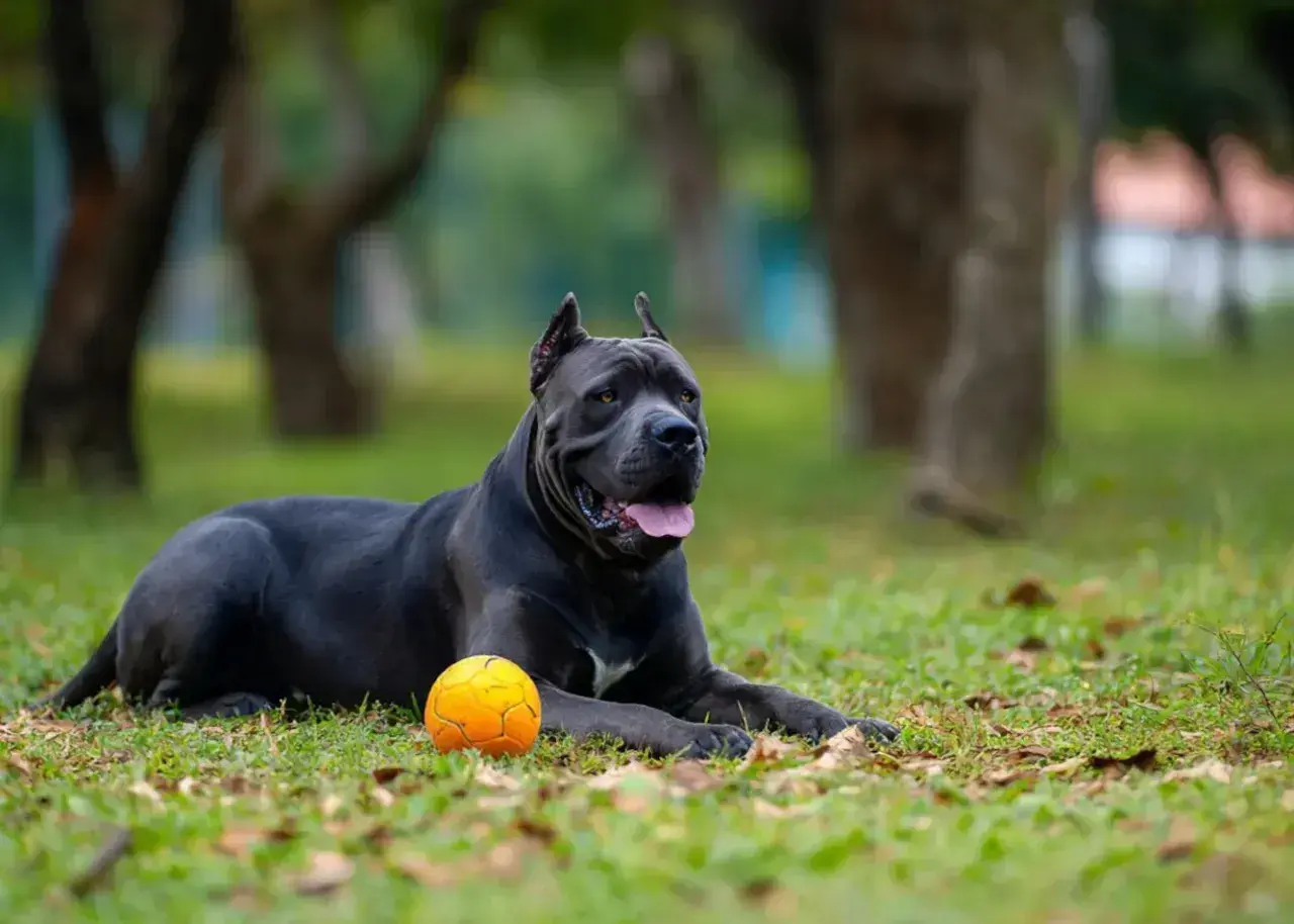Potężny pies rasy cane corso leży na trawie obok pomarańczowej piłki, gotowy do zabawy w parku.