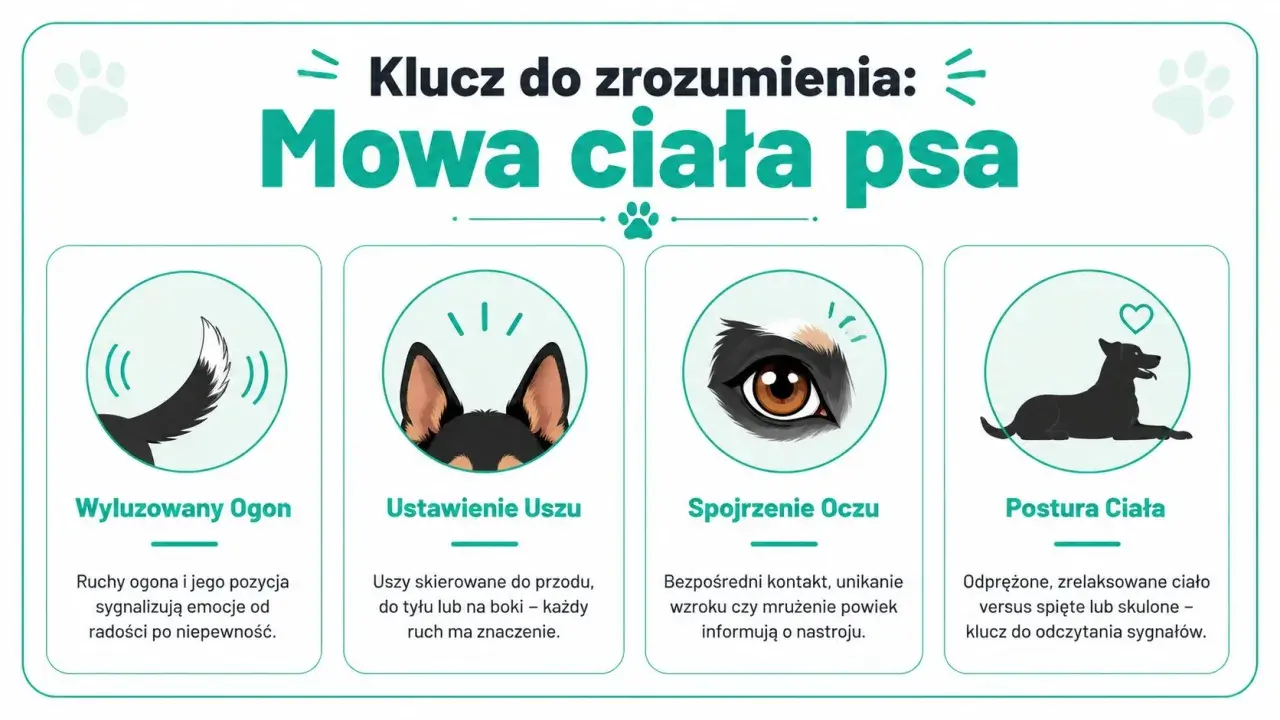 Klucz do zrozumienia: mowa ciała psa. Ilustracje pokazują ogon, uszy, oczy i postawę psa, które sygnalizują jego emocje.