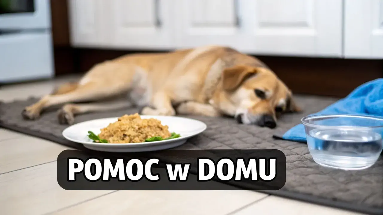 Chory piesek leży obok miski z wodą i jedzeniem. Może to być objaw wymiotów u szczeniaka.