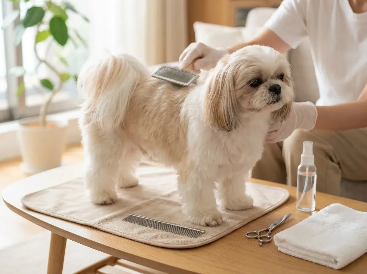 Uroczy shih tzu szczeniak 6 tygodni, czesany przez opiekuna. Na stole leżą akcesoria do pielęgnacji.