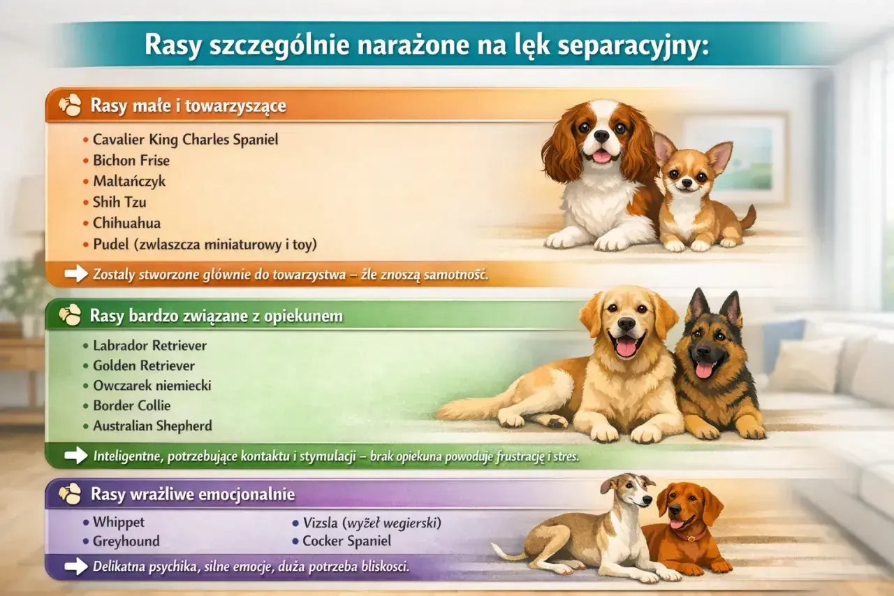 Psy z lękiem separacyjnym: małe, towarzyskie, związane z opiekunem i wrażliwe emocjonalnie. Pieski na zdjęciu mogą odczuwać atak paniki, gdy zostają same.