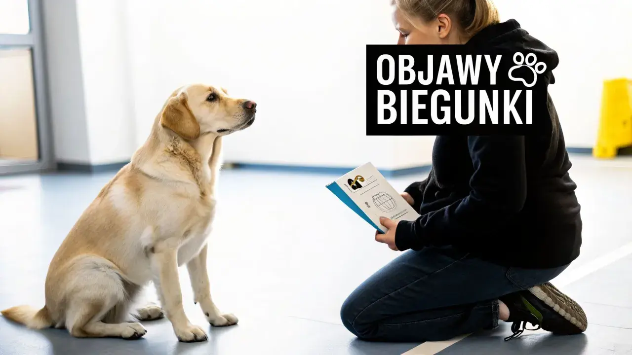 Labrador siedzi przed kobietą czytającą o objawach biegunki u psa. Może szuka informacji o loperamidzie dla psa.
